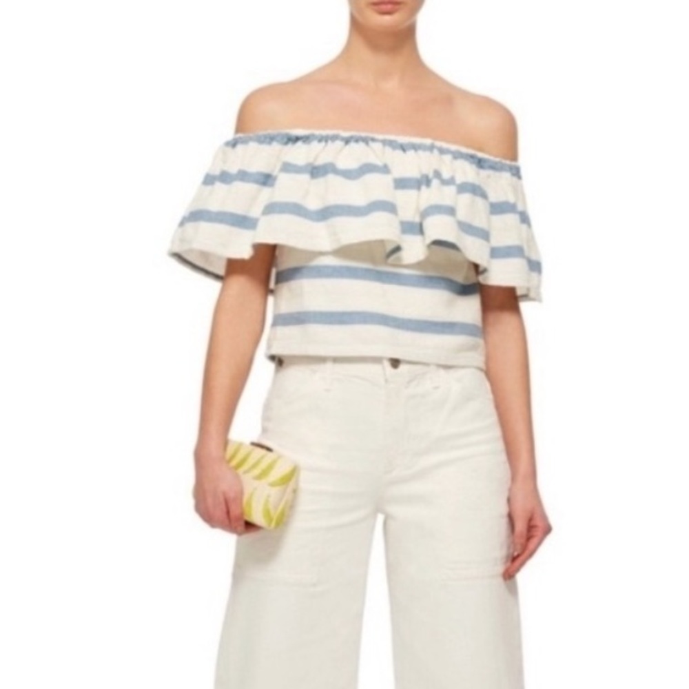 Mara Hoffman Off-Shoulder Blue and White Striped Ruffle Top